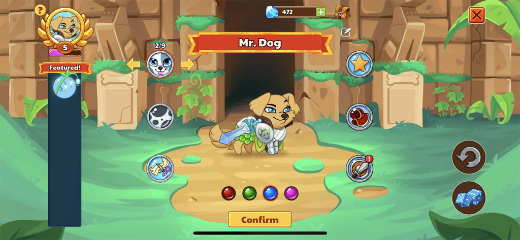Dungeon Dogs - Idle Hero RPG - Character customization screen for Mr. Dog hero in Dungeon Dogs Idle Hero RPG