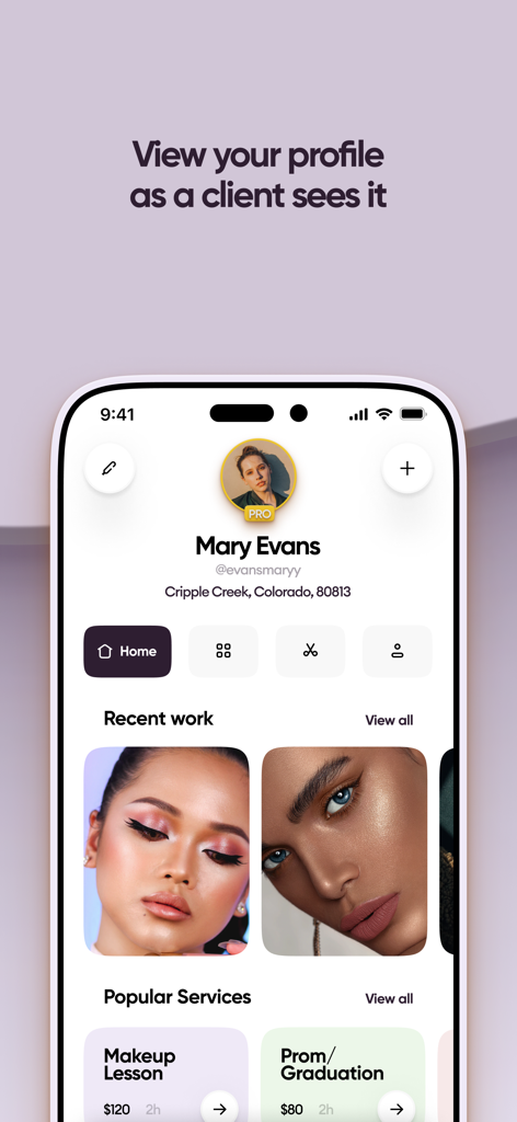 Glambook Pro Mobile-App-Oberfläche, die ein Profil eines Beauty-Profis mit Portfoliobildern und Serviceangeboten zeigt