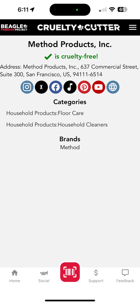 Cruelty Cutter - Cruelty Cutter app screen showing Method Products brand verification status