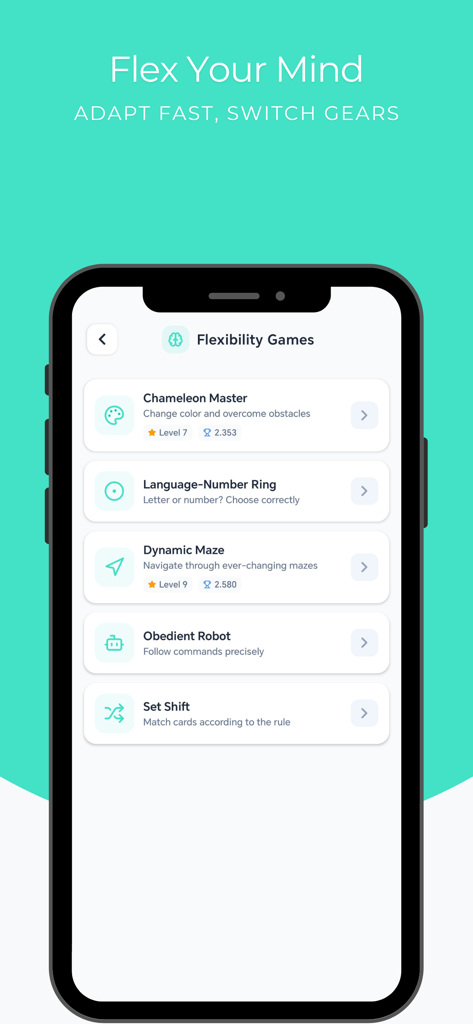 Reflexly - Brain Training - Reflexly brain training app interface showing a list of mental flexibility games like Chameleon Master and Dynamic Maze.
