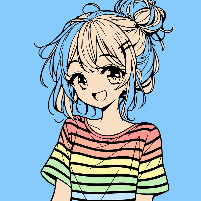 anime girl teenager striped shirt and smile and messy bun