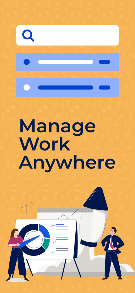 Smartsheet: Projects & Teams - Graphique illustrant des professionnels analysant des données de projet avec le texte « Gérer le travail n'importe où ».