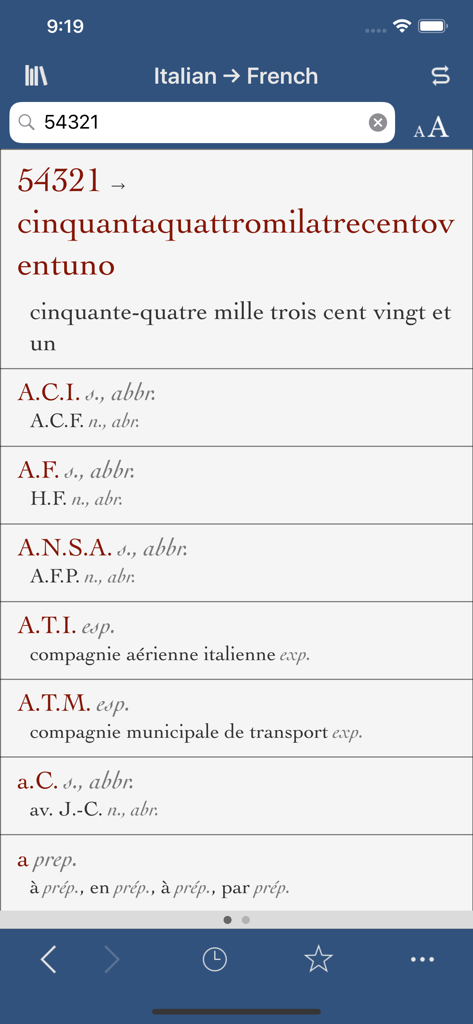 Ultralingua French-Italian dictionary app interface showing a number translated into Italian and French text