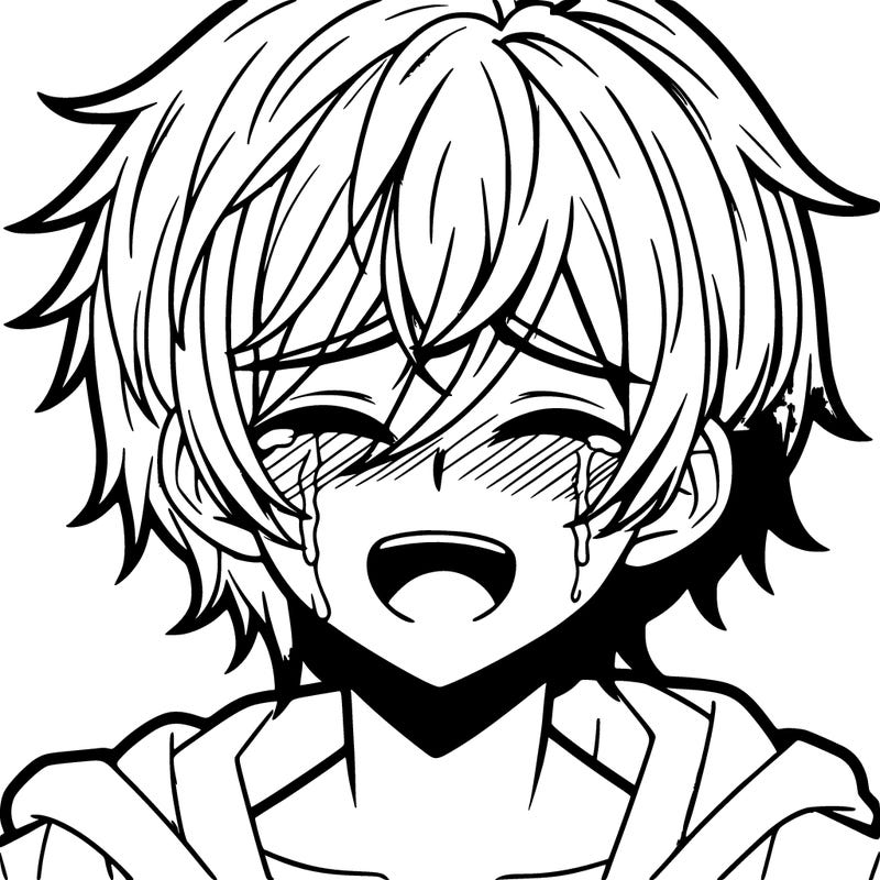 anime boy, pink and white hair covering eyes, smiling, crying