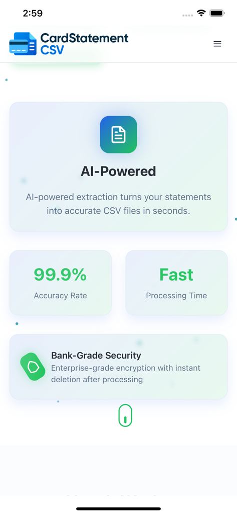 Card Statement CSV - Features of Card Statement CSV app highlighting AI extraction accuracy and bank-grade security