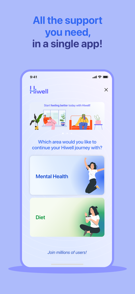 Hiwell Therapy & Mental Health - メンタルヘルスと食事のサポートオプションを提供するHiwellアプリのインターフェース