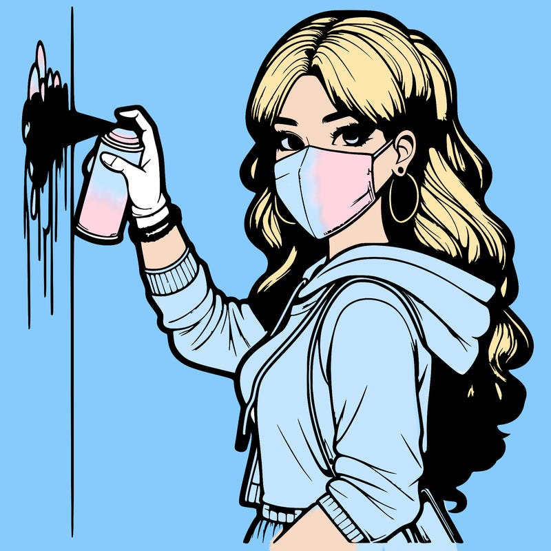 realistic girl with mask spray painting a wall