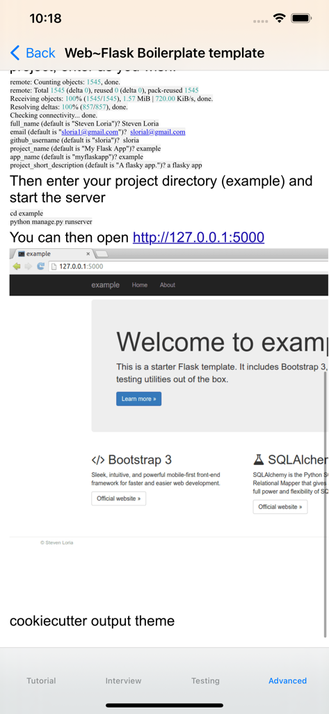 Tela de tutorial avançado mostrando a configuração do template boilerplate Flask e instruções do servidor local.