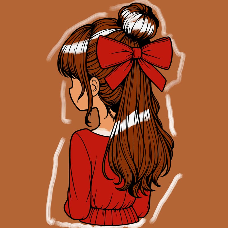 realistic girl  with hip length hair a bun and a big bow on the back of head