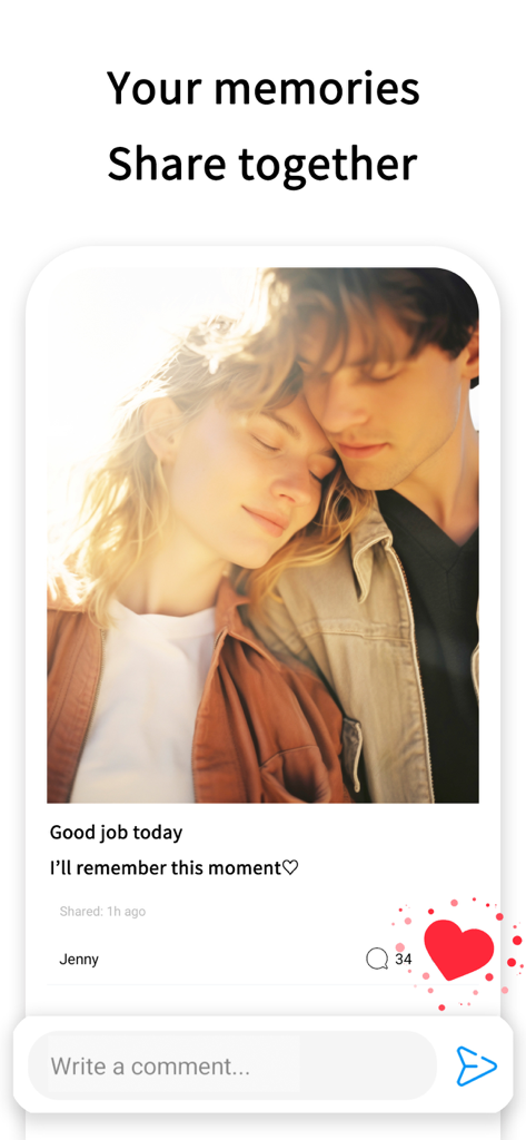 Couple Widget : Love Countdown - A private memory post featuring a couple photo with comments and likes in a relationship diary app.