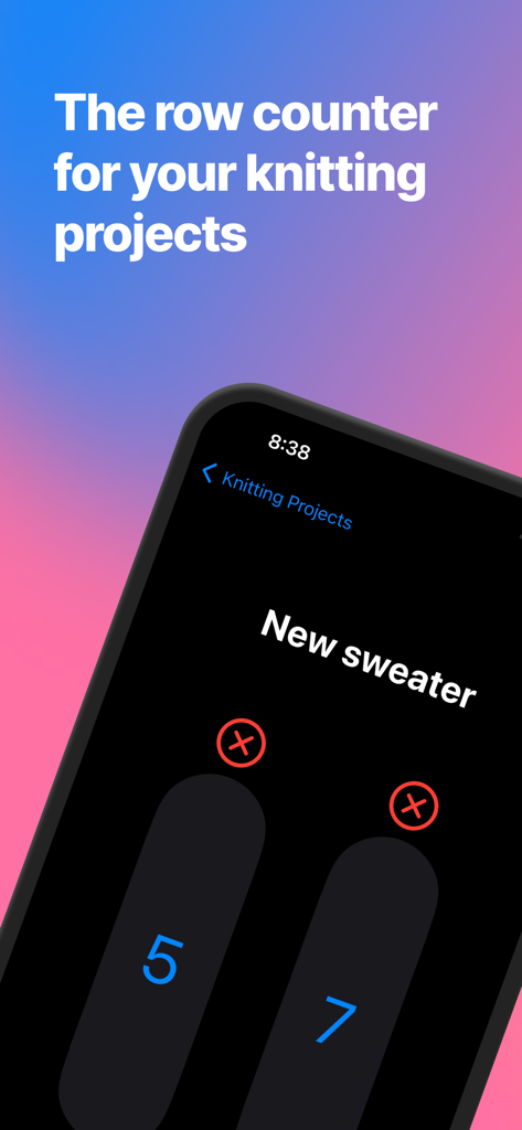 Pantalla de smartphone que muestra un contador de filas digital minimalista para un proyecto de tejido titulado 'New sweater'