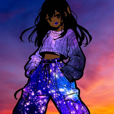 anime teen girl with baggy pants and crop top with sweater