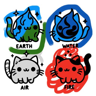 4 cats that represent the different elements, earth, water, air, and fire