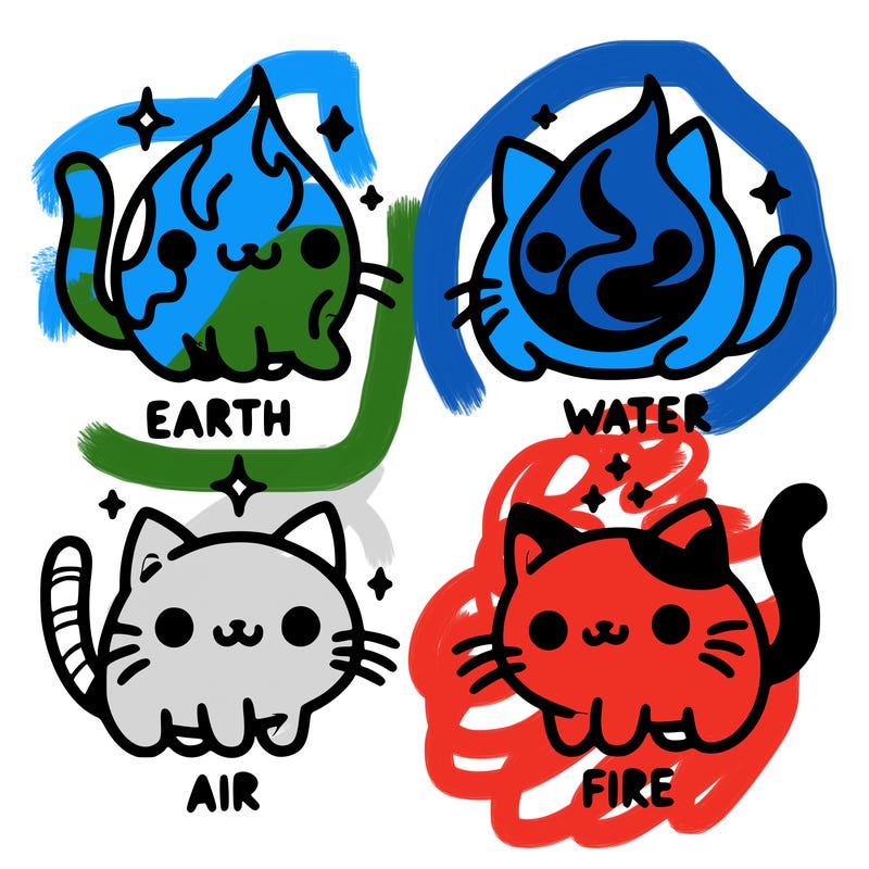 4 cats that represent the different elements, earth, water, air, and fire