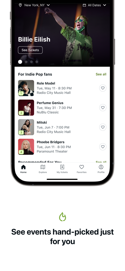 viagogo Tickets - App viagogo che mostra raccomandazioni personalizzate di concerti per Billie Eilish e artisti indie pop