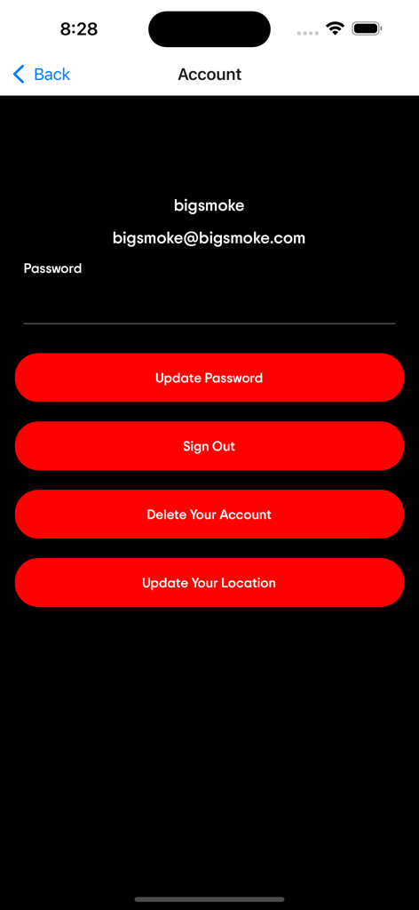 Paranormal Hunter - User account settings screen in the Paranormal Hunter app with options to update password and location