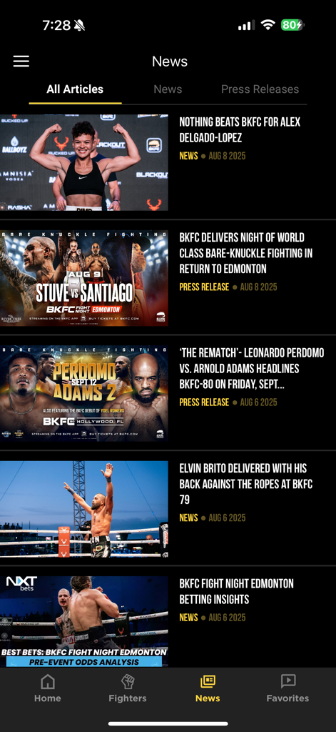 BKFC+ Beta - News section of the BKFC Plus Beta app showing various fight articles and press releases