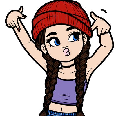realistic teenage girl with braids and a beanie and crop top doing 🫶🏼