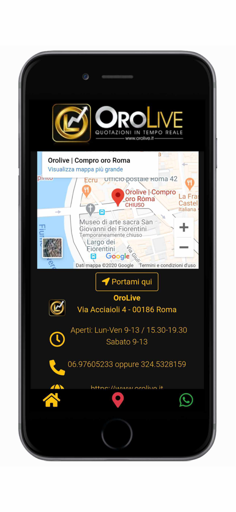 OroLive - Compro oro Roma - Screenshot dell'app OroLive che mostra una mappa della sede del negozio a Roma con informazioni di contatto e orari di apertura