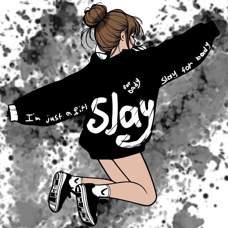 realistic girl jumping with a bun and oversized sweatshirt