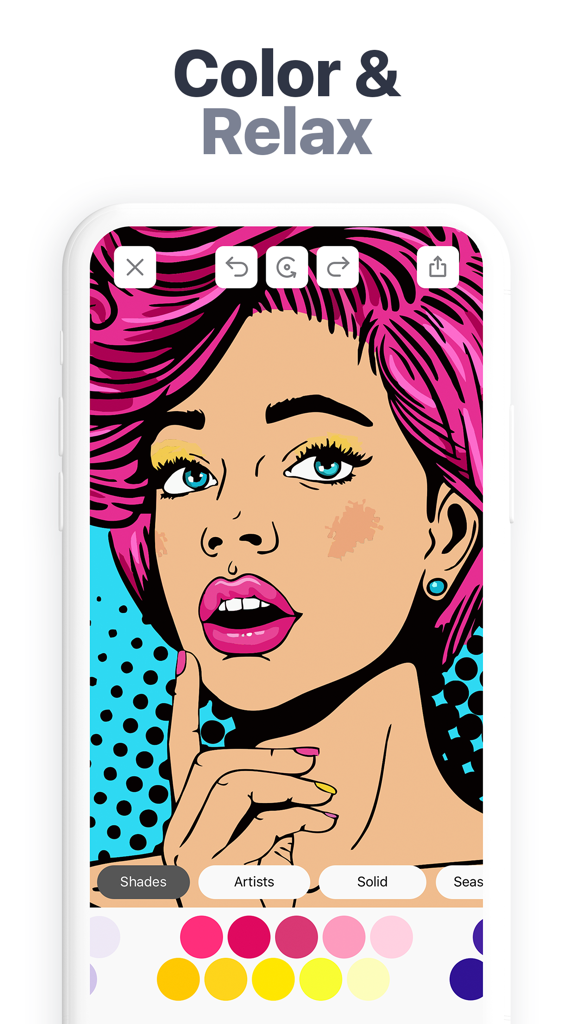 Tap & Color - Coloring book - Pop art illustration of a woman in the Tap and Color mobile coloring app interface