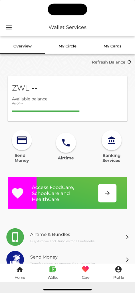 O'mari - Omari mobile app dashboard showing wallet services for sending money and buying airtime