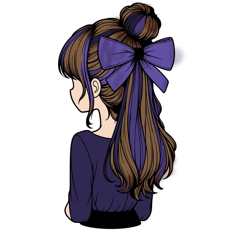 realistic girl  with hip length hair a bun and a big bow on the back of head