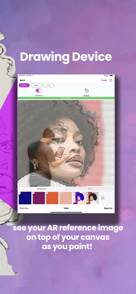 Mural Maker by Da Vinci Eye - An iPad acting as a drawing device showing a portrait AR overlay on top of a physical canvas being painted.