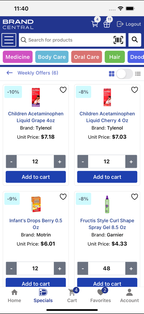 BC Wholesale - BC Wholesale app specials page showing discounted wholesale products with bulk order options