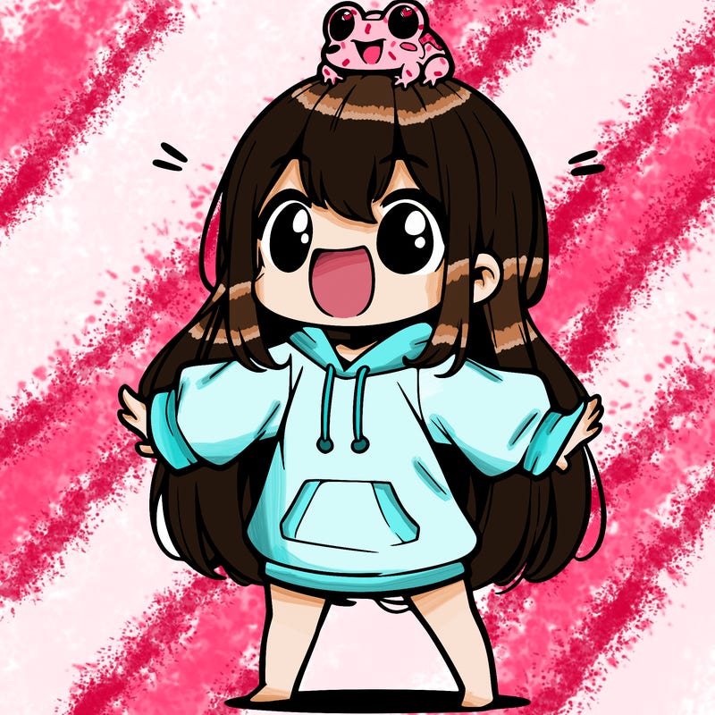 a excited chibi girl whith long hair and a baggy shirt whith a frog on there head