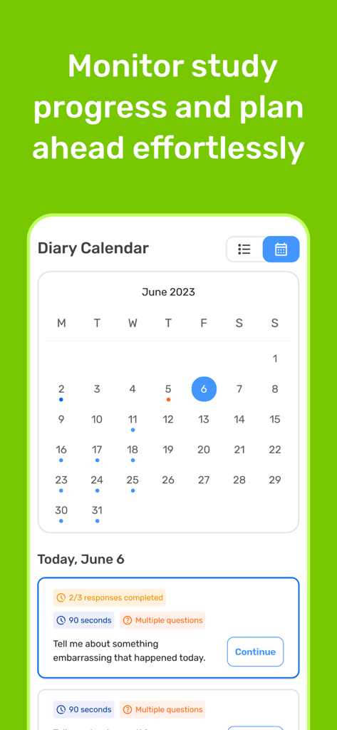 Fabla - Audio Diary Kit - Fabla app interface showing a diary calendar and daily research study progress