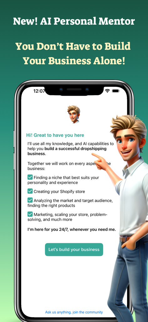 Dropshipping Full Course - AI personal mentor screen in the Dropshipping Full Course app featuring a business setup checklist