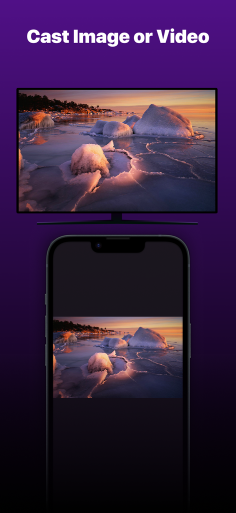 AI Remote：TV Remote Controller - A smartphone screen casting a landscape photo onto a smart TV using the AI Remote app