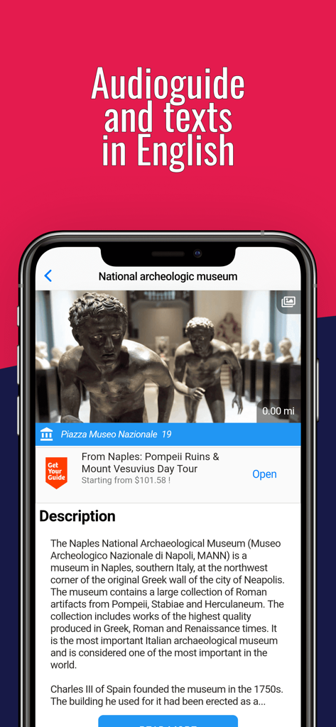 나폴리 여행 가이드 앱 스크린샷, 영어로 된 국립 고고학 박물관 페이지 표시