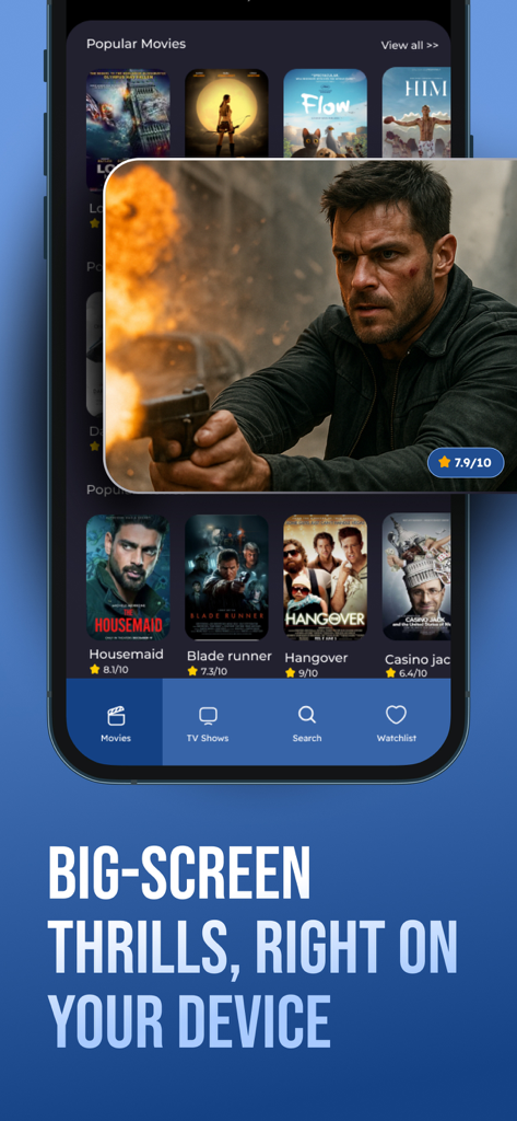 MyFlixer mobile app screen showing popular movies and an action film preview