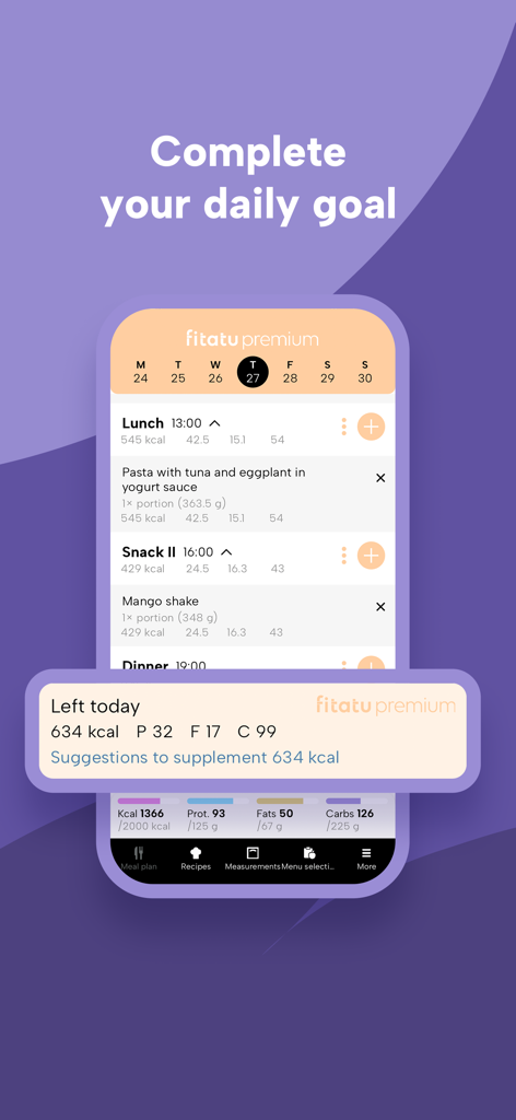 Fitatu AI Calorie Counter - Fitatu app interface showing daily calorie goal tracking and meal logging