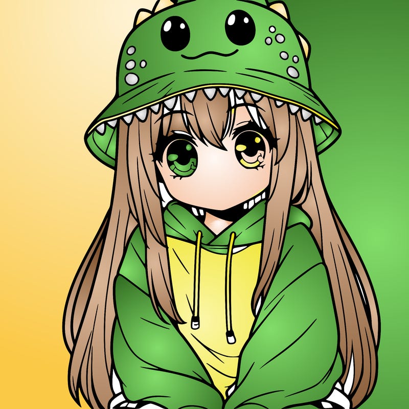 girl with anime shaped eyes with a dinosaur bucket hat oversized sweatshirt long straight hair