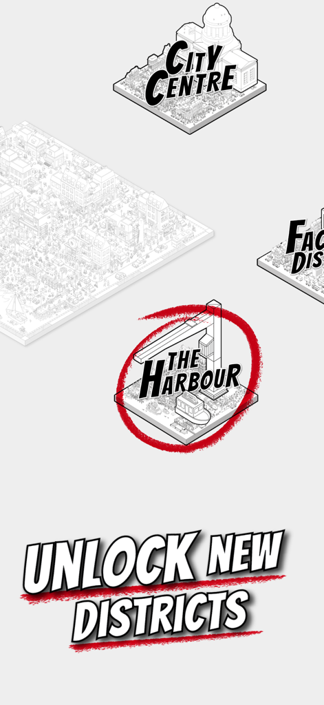 MicroMacro: Downtown Detective - Isometric view of hand-drawn city districts to unlock in MicroMacro Downtown Detective