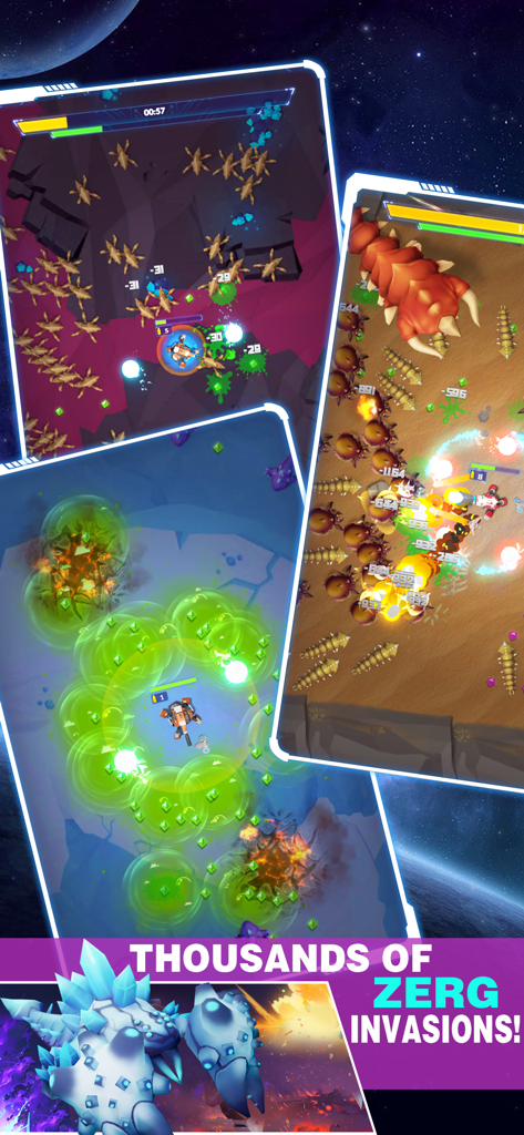 Space Survivor Star Pioneer mobile game screenshot showing mecha combat against swarms of alien Zerg invaders.