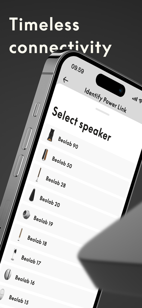 Interfaz de la aplicación Bang and Olufsen que muestra una lista de altavoces Beolab para conectar