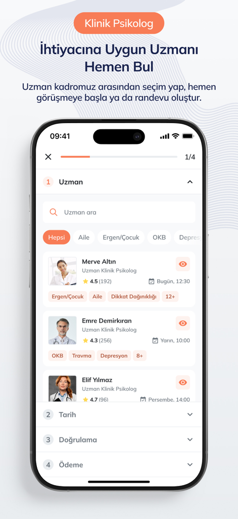 Elra: Sağlık Olsun - Interfaz de la aplicación Elra que muestra perfiles y calificaciones de psicólogos clínicos