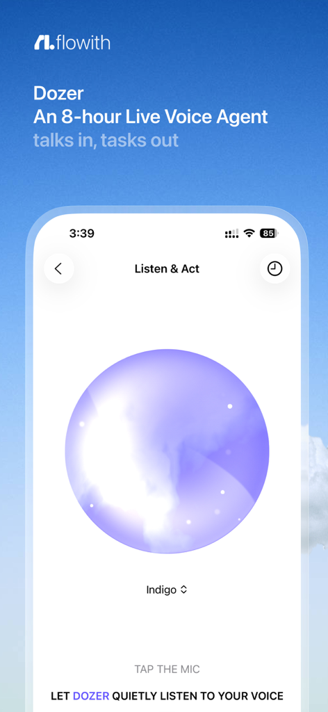 Interface de l'application Flowith pour Dozer, un agent vocal IA en direct de 8 heures pour capturer des idées et automatiser des tâches.