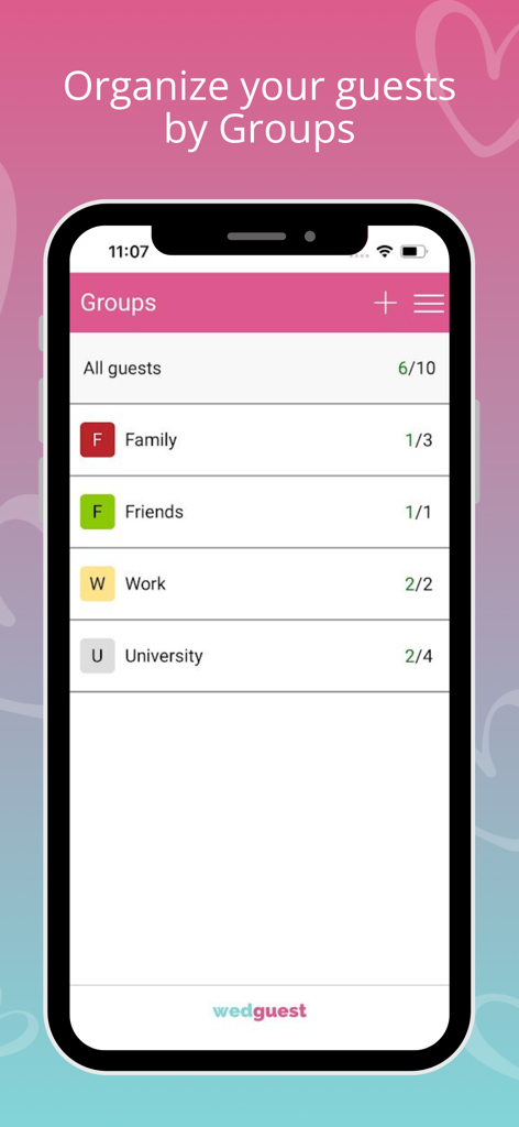 Wedding Guest List. WedGuest - Interface of the WedGuest app showing guest list organization by groups like Family Friends and Work