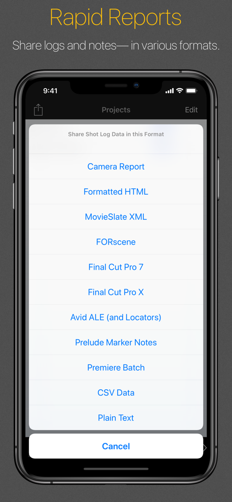 MovieSlate 8 app screenshot showing rapid report export options in various formats like XML and Final Cut Pro