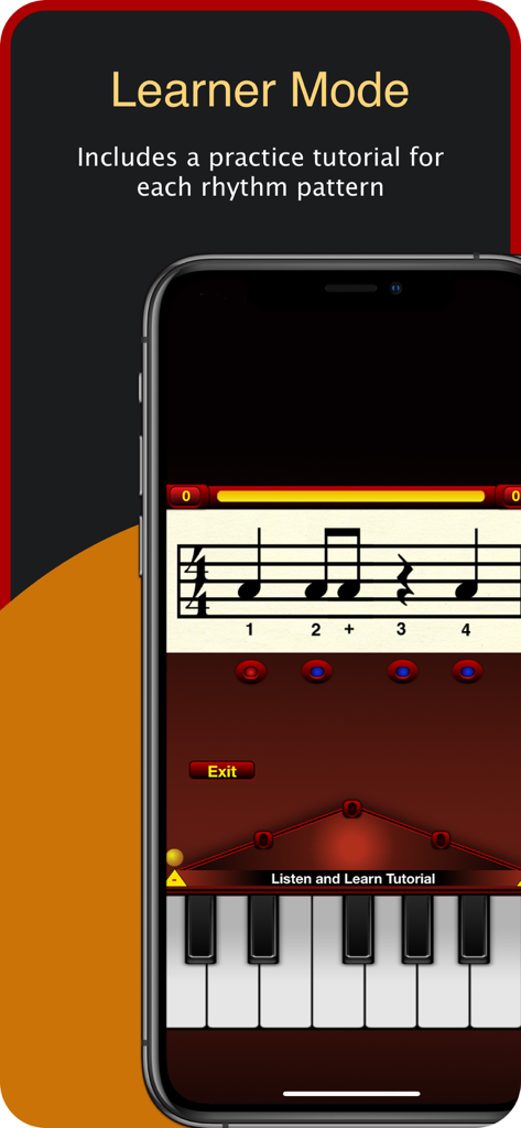 Rhythm Trainer by Rhythmicity - Rhythm Trainer app interface showing Learner Mode with music notation and a piano keyboard tutorial.
