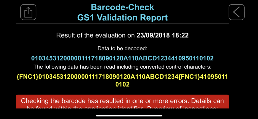 Un report di validazione GS1 dall'app Controllo Codici a Barre che mostra i dati decodificati e una notifica di errore