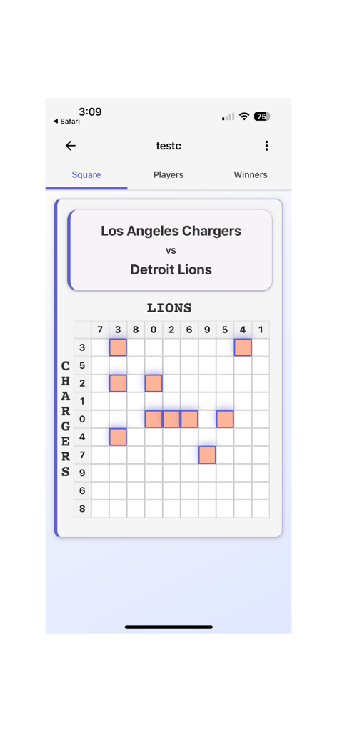 A digital football squares grid for an NFL game between the Chargers and Lions in the My Squares app.