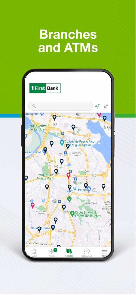 Tela do aplicativo móvel FirstBank mostrando um mapa com locais de agências e caixas eletrônicos em Porto Rico