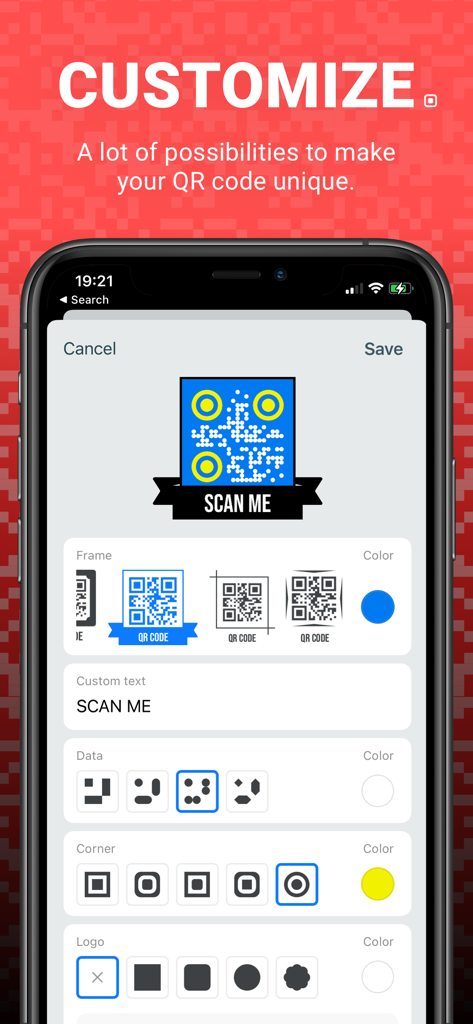 Interfaz de la aplicación mostrando opciones para personalizar un código QR con colores y marcos.