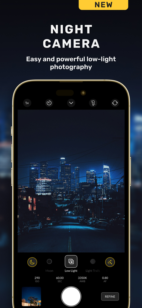 Nightcam app interface displaying a night city skyline with manual camera settings like ISO and exposure